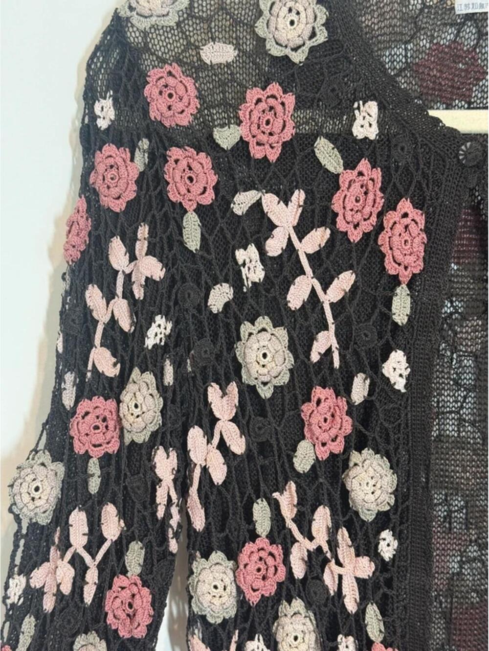 Vintage black floral embroidered mesh cardigan sheer rose y2k fairycore boho - Picture 7 of 9